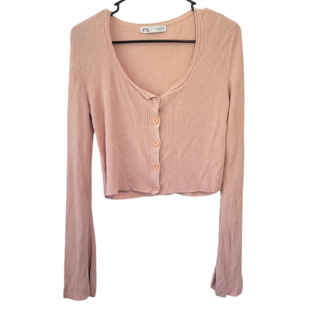 Zara Blush Pink Ribbed Cropped Cardigan Sweater Size Medium
